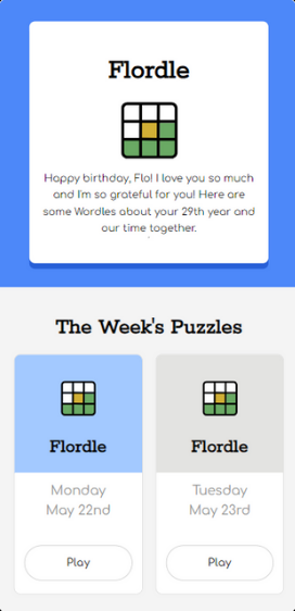 The Flordle home screen with a birthday note and the week's puzzles