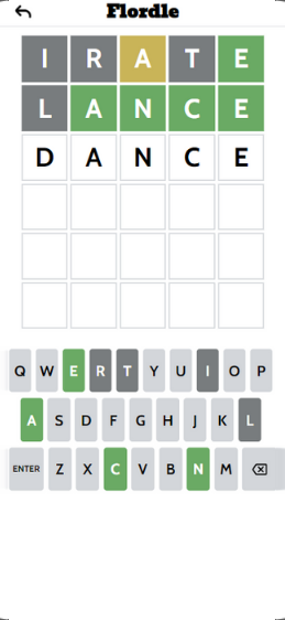 A Flordle puzzle mid-guess, with letters scored green and yellow
