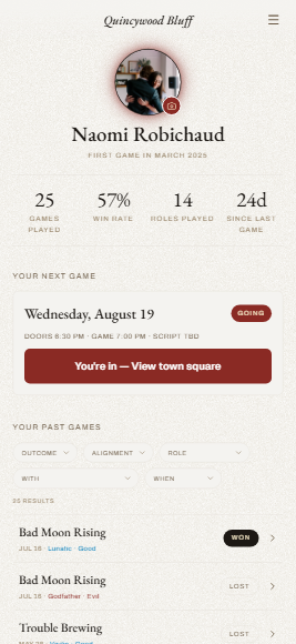 A player profile with games played, win rate, and past game history